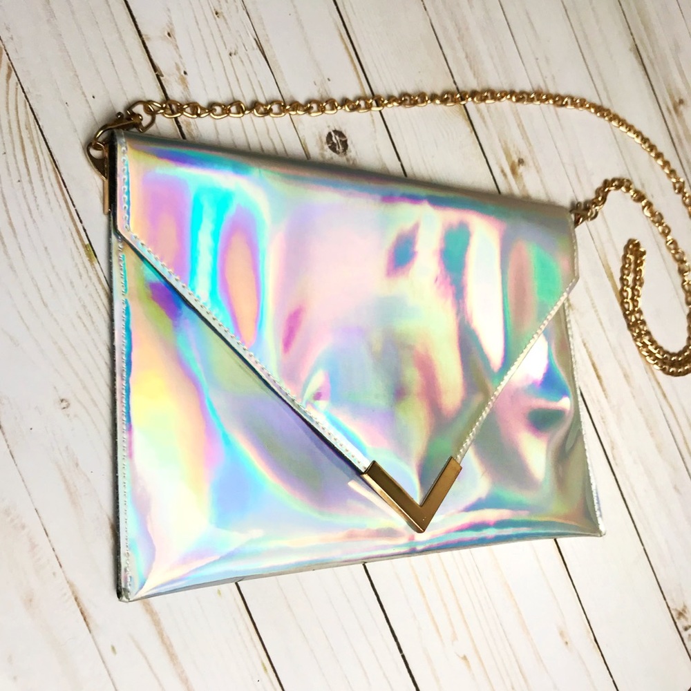 Holographic Clutch Purse w/ Gold Attachable Chain